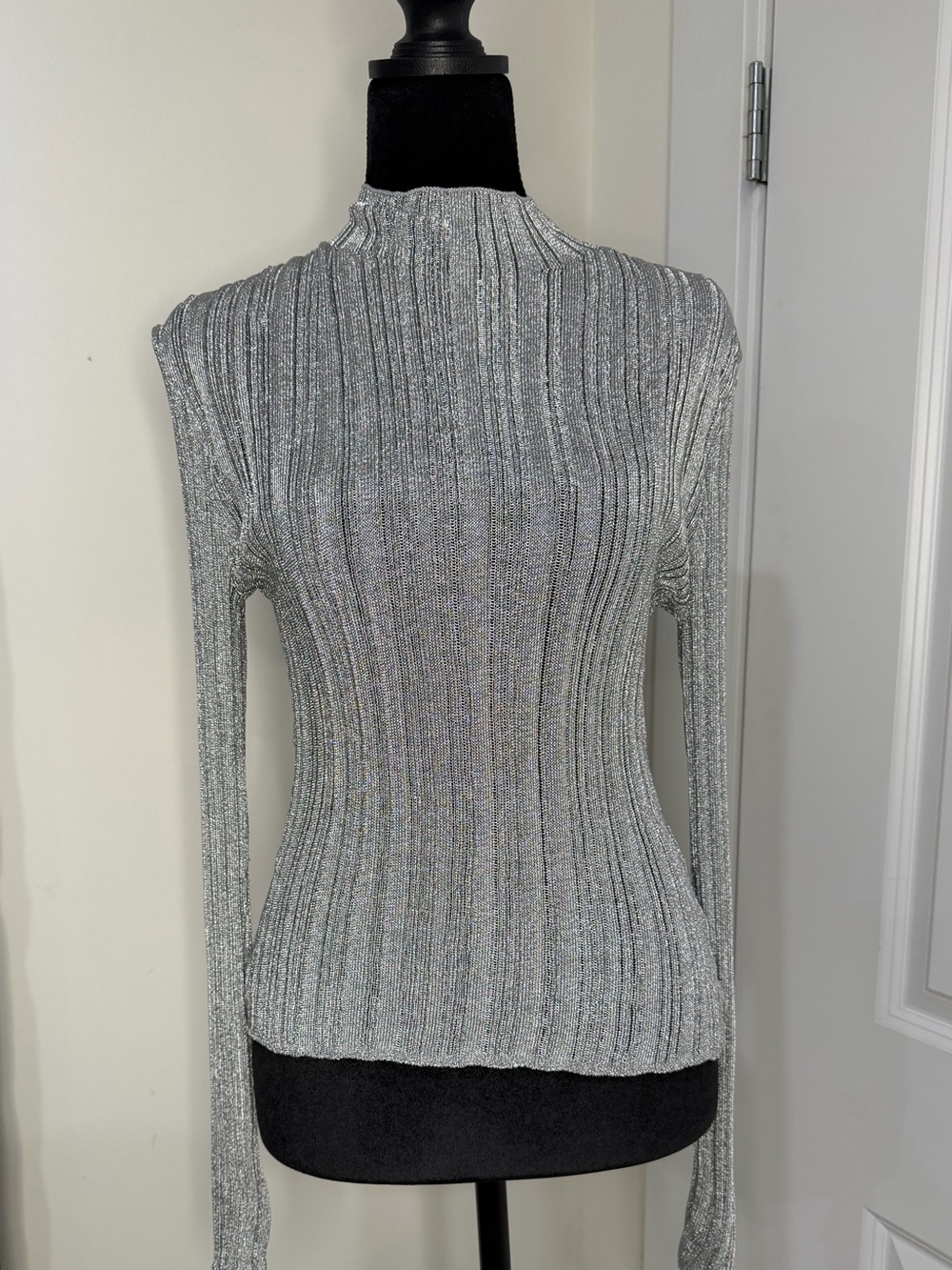 Silver Metallic Ribbed Mock Neck Women's Sweater
